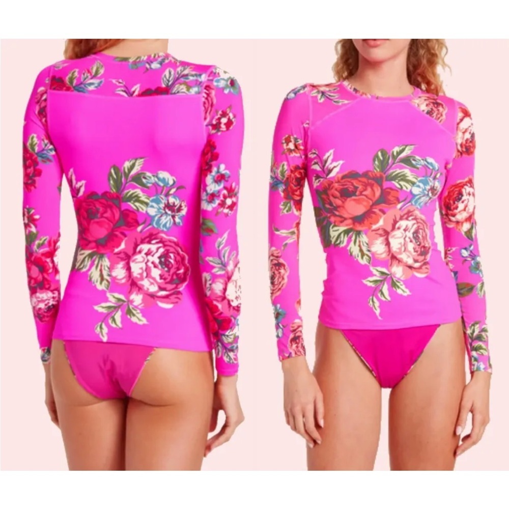 2 Pcs Maaji Rashguard & Bikini Bottom Medium Roses Reversible Bottoms NWT